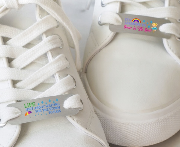 Life Isn t About Waiting For The Storm To Pass It s About Learning To Dance In The Rain Metal Brushed Steel Trainer Runner Shoe Lace Tags maisiemoogifts